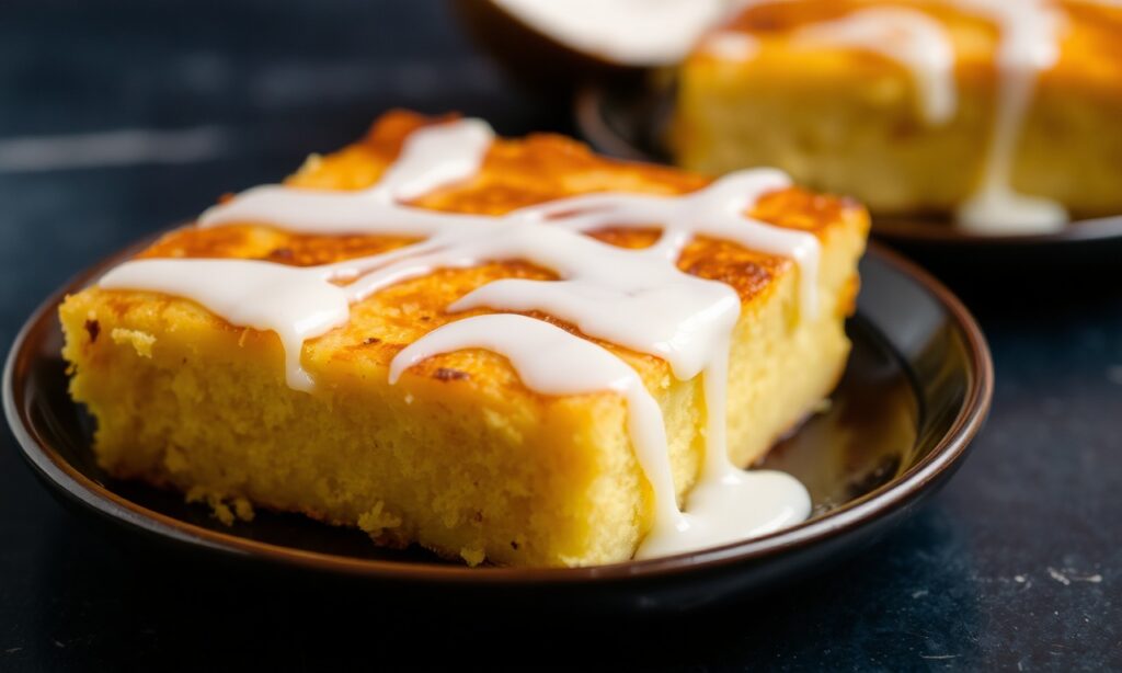 Golden toasted cassava cake with coconut glaze.