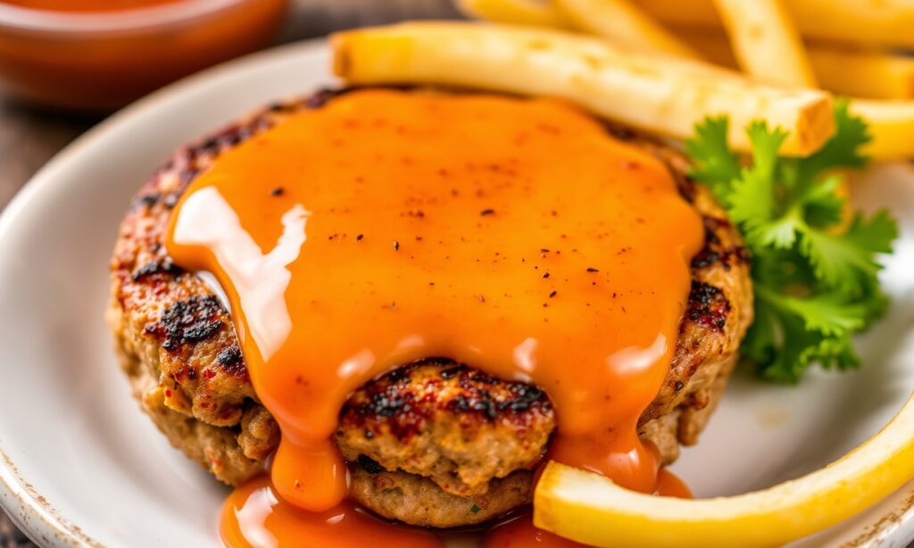 Delicious beef patties sizzle with zesty tangy sauce.