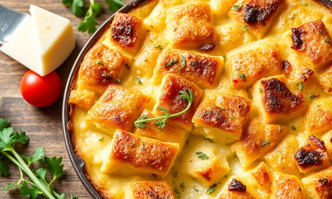 Heavenly savory bread pudding with cheese and fresh herbs.