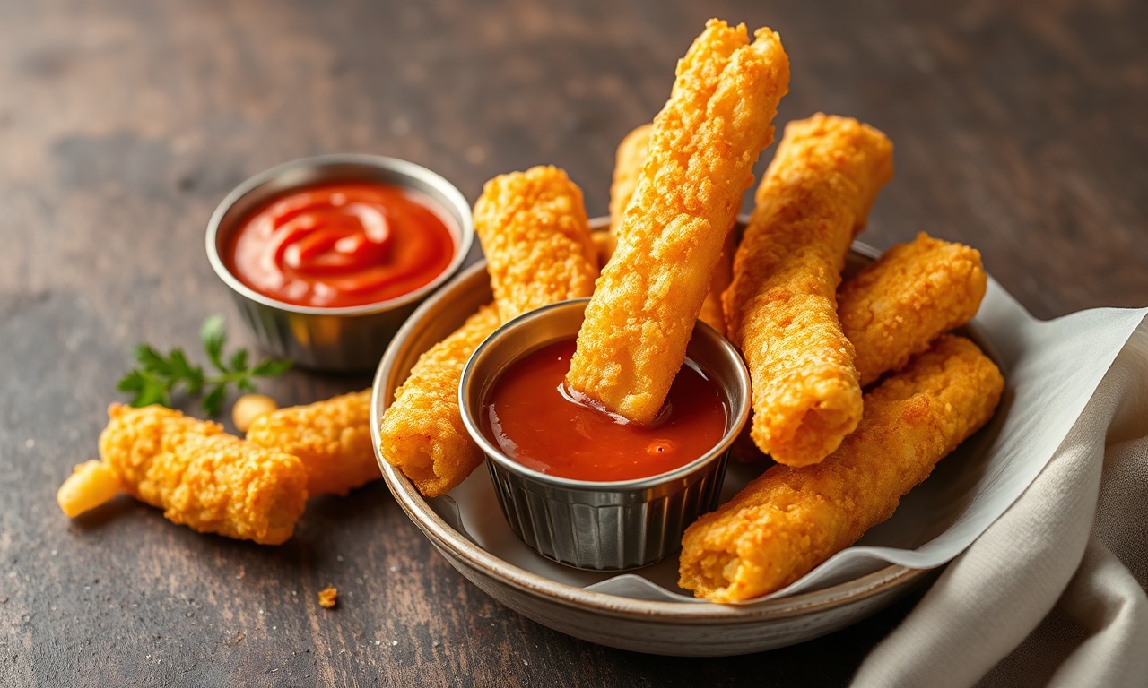 Golden crispy fried dough sticks, perfect for dipping delight.