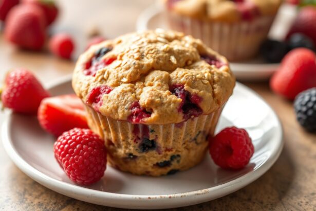 Perfect wholesome triple berry oat muffin close-up.