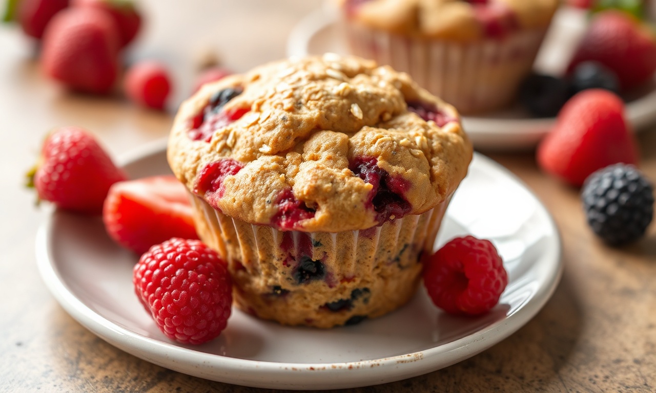 Perfect wholesome triple berry oat muffin close-up.