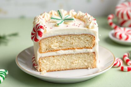 Festive white chocolate peppermint cake delight.
