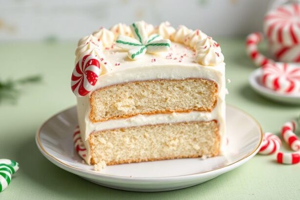 Festive white chocolate peppermint cake delight.