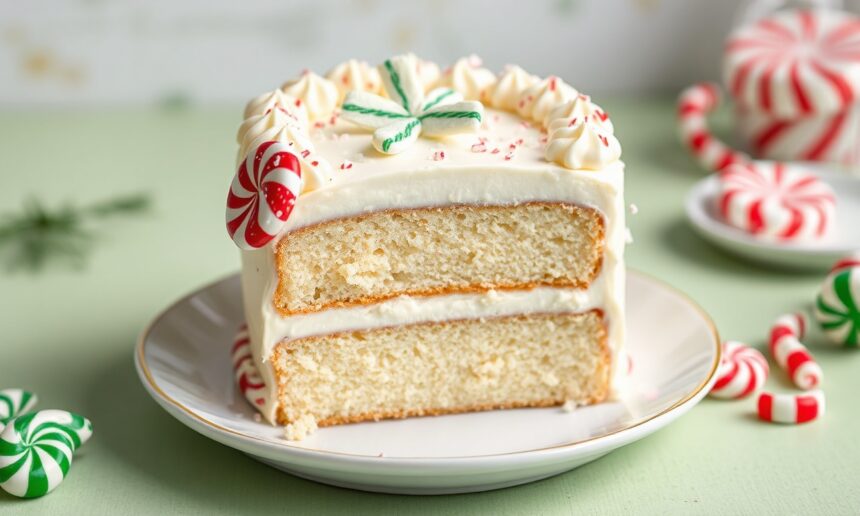 Festive white chocolate peppermint cake delight.