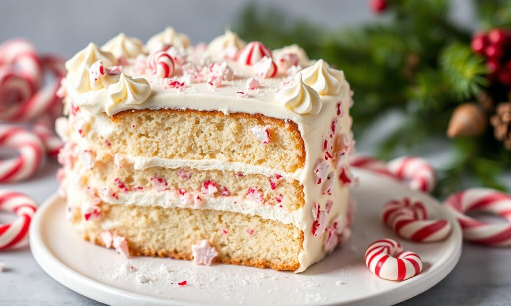 Festive white chocolate peppermint cake, a holiday delight.
