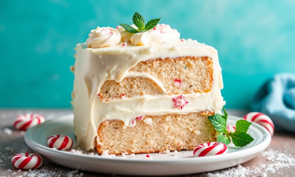 Festive white chocolate peppermint cake, holiday flavor delight.