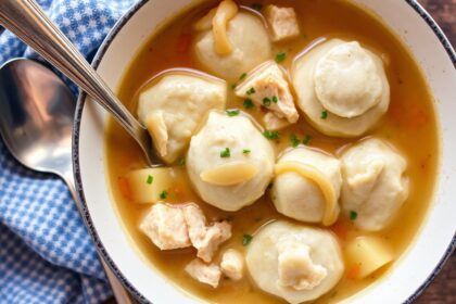 Hearty chicken and dumplings comfort food bowl.