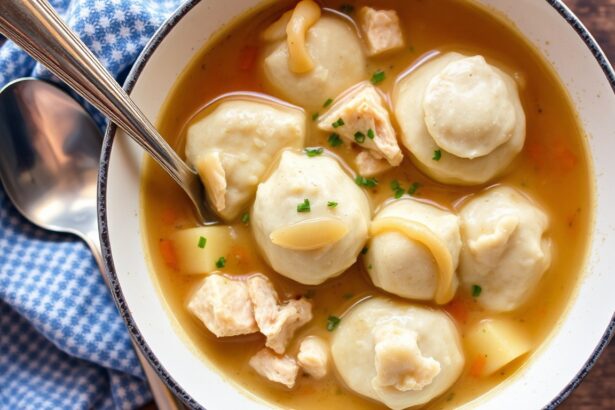 Hearty chicken and dumplings comfort food bowl.