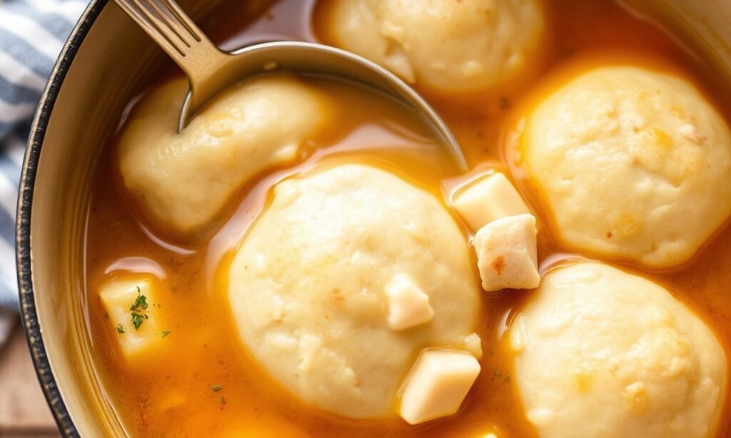 Hearty chicken and dumplings comfort food in a bowl.