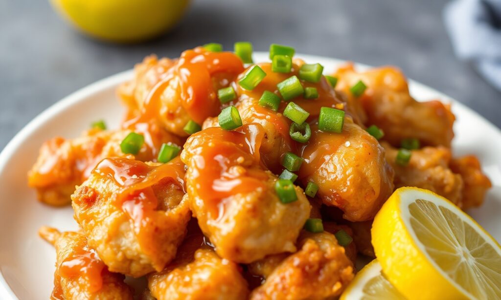 Crispy Chinese lemon chicken: golden, tender, homemade takeout flavor.