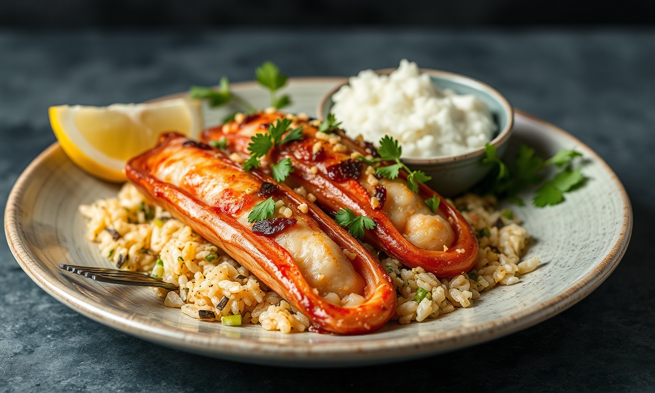 Savory stuffed squid with herb-infused rice recipe.