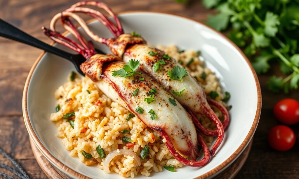 Savory stuffed squid with fragrant herbs and rice, a delicious seafood delight.