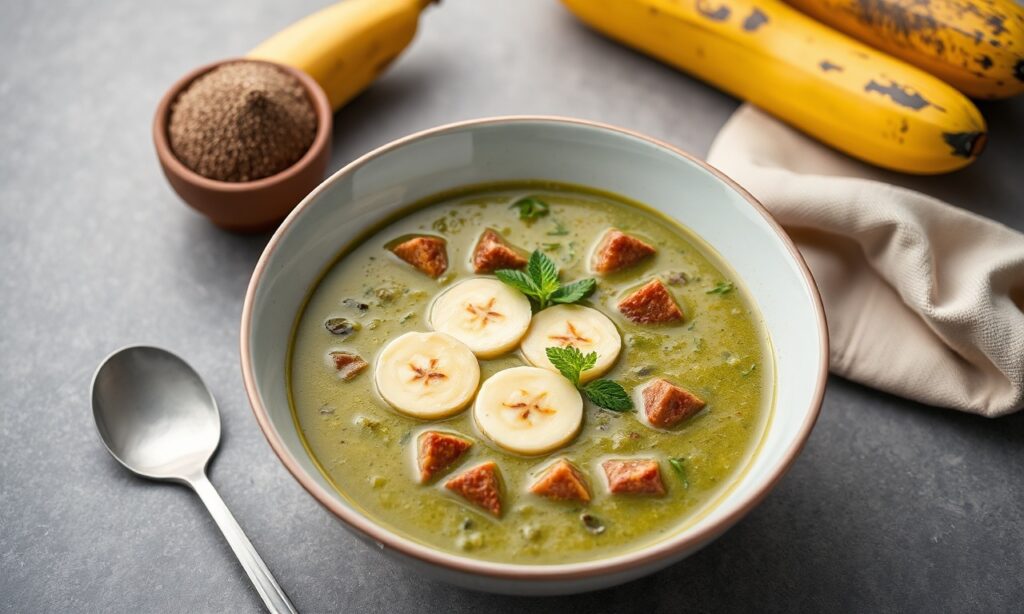 Hearty green banana and beef soup bowl, a nutritious fusion delight.