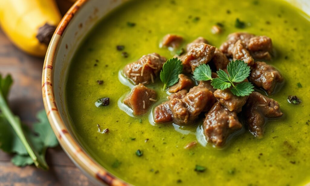 Hearty green banana and beef soup, nutritious fusion delight.