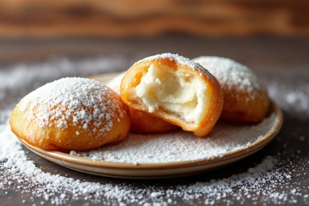 Fluffy fried dough coated in sweet powdered sugar delight.