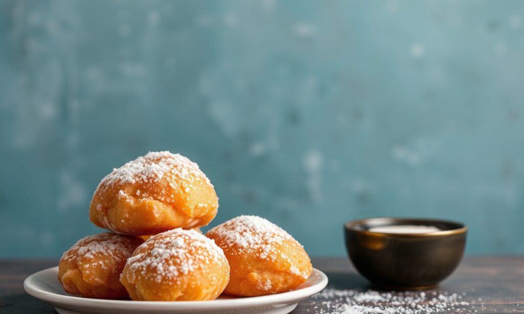 Fluffy fried dough dusted with sweet powdered sugar delight.