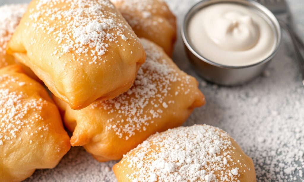 Fluffy fried dough dusted with sweet powdered sugar.