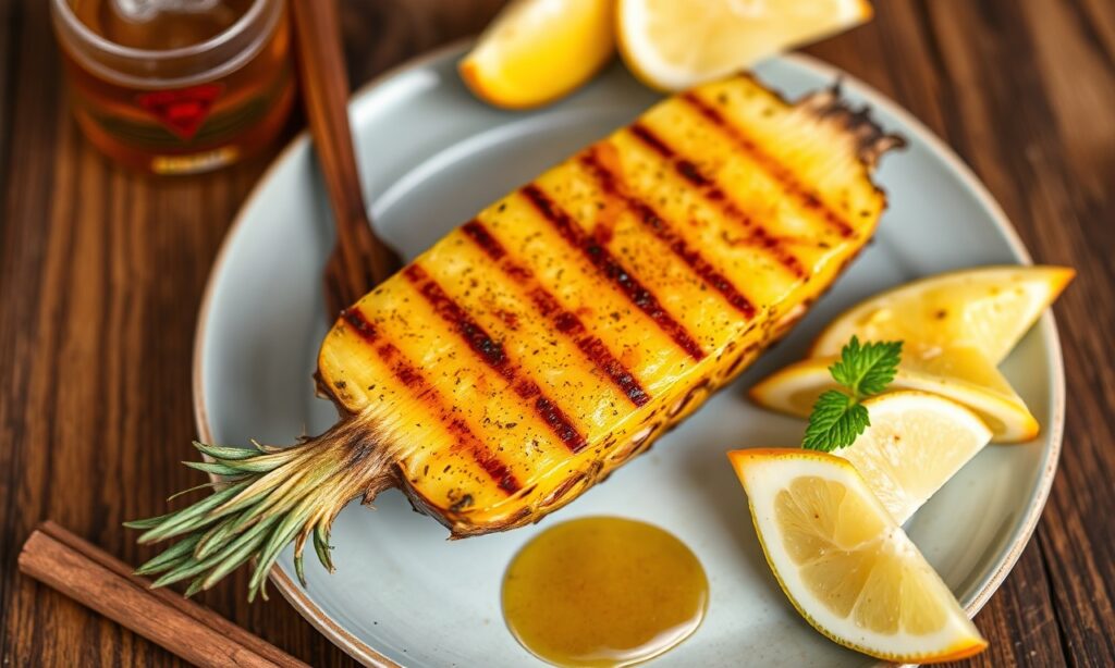 Sweet and smoky grilled pineapple with honey and cinnamon.
