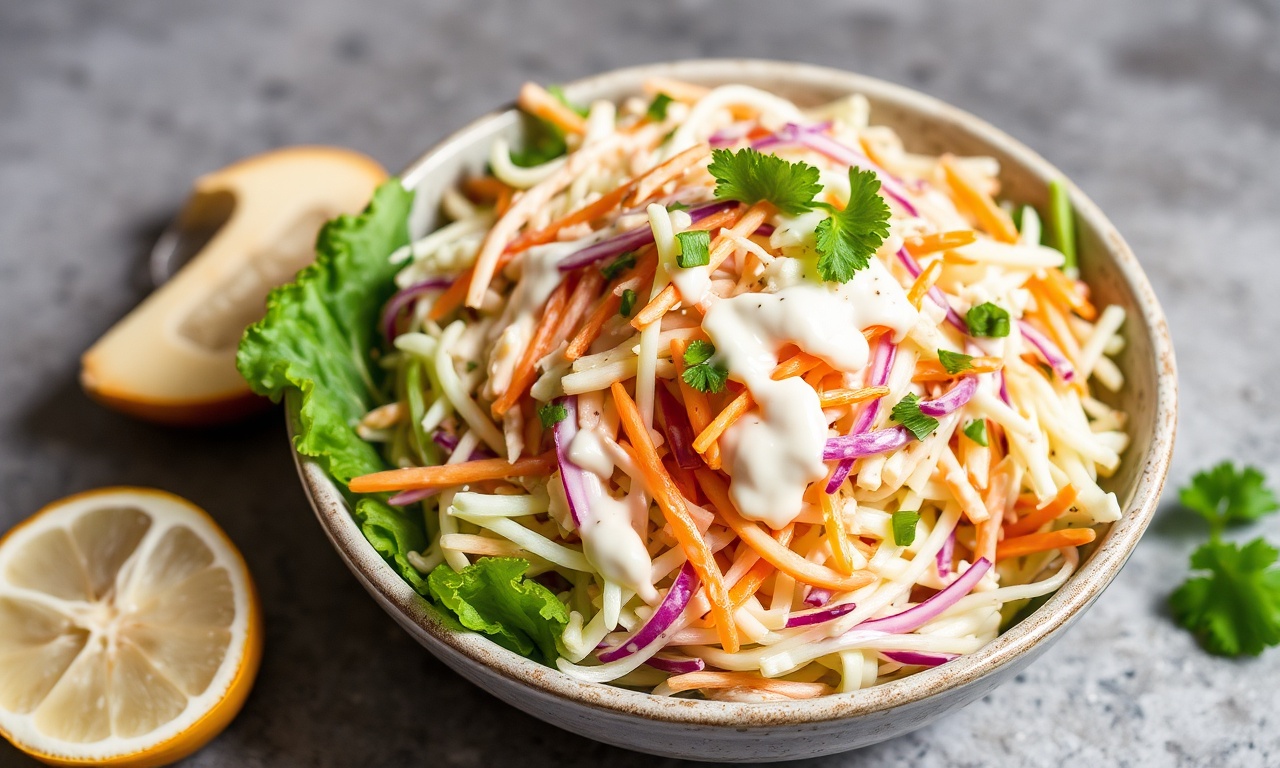 Crunchy vegan coleslaw with creamy cashew dressing.