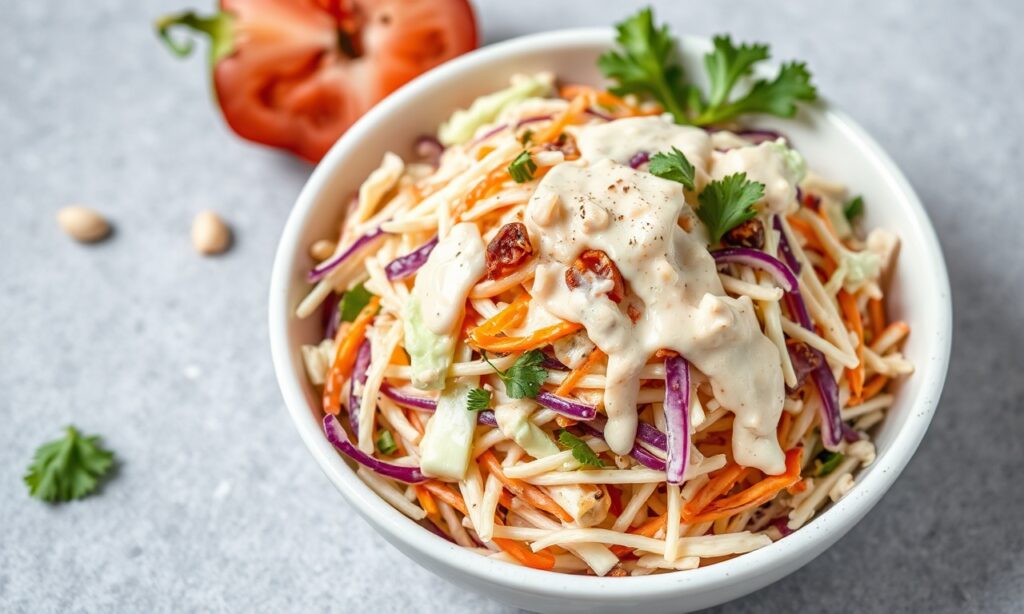Crunchy vegan coleslaw with creamy cashew dressing.