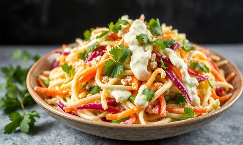 Crunchy vegan coleslaw with creamy cashew dressing.