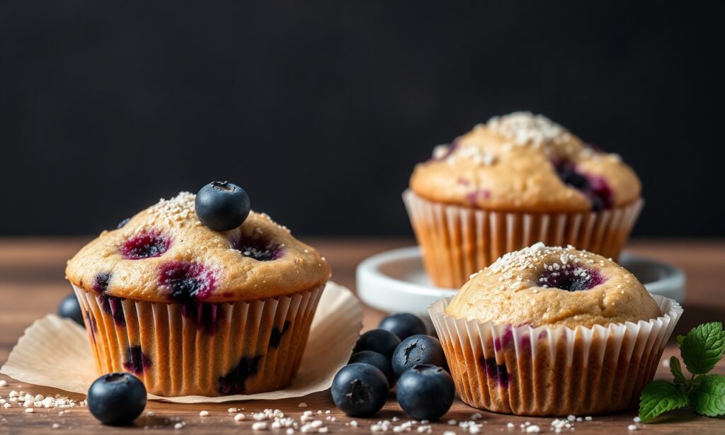 Keto blueberry muffins made with almond flour.