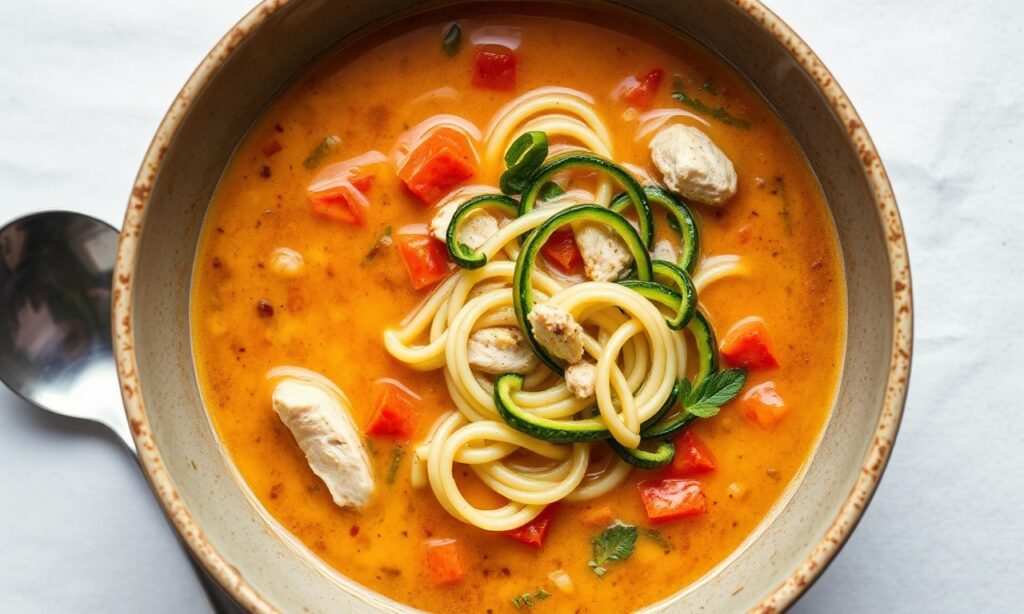 Irresistible chicken noodle soup with zucchini spirals, a healthy comfort food.