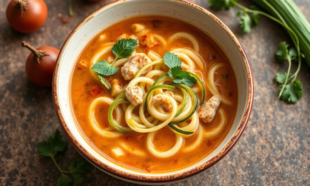 Irresistible chicken noodle soup alternative with zucchini spirals.