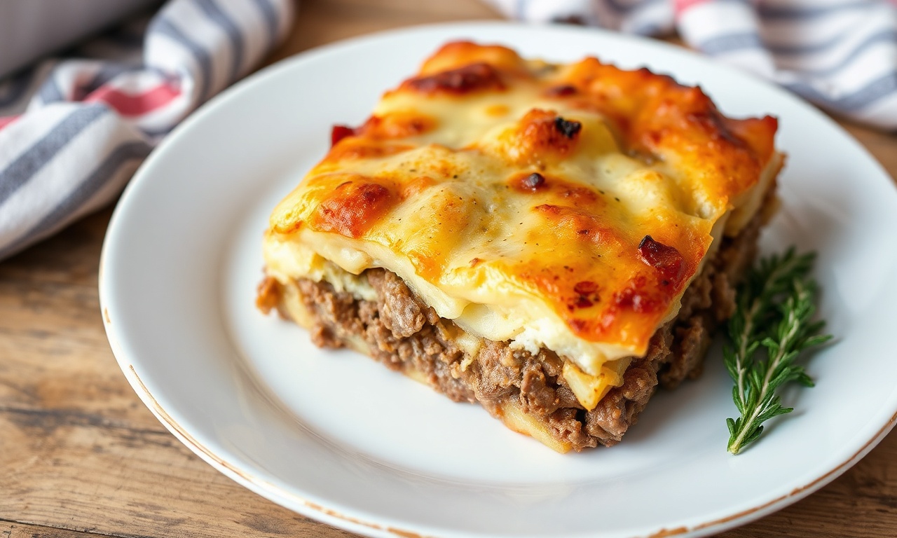 Delicious hearty layered potato ground beef casserole