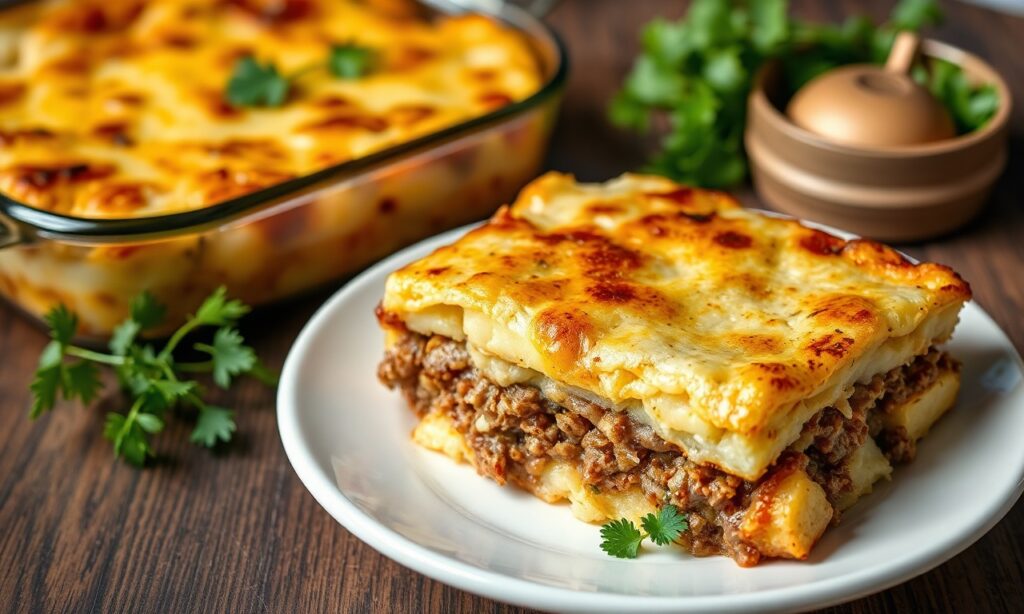 Delicious hearty layered potato ground beef casserole recipe