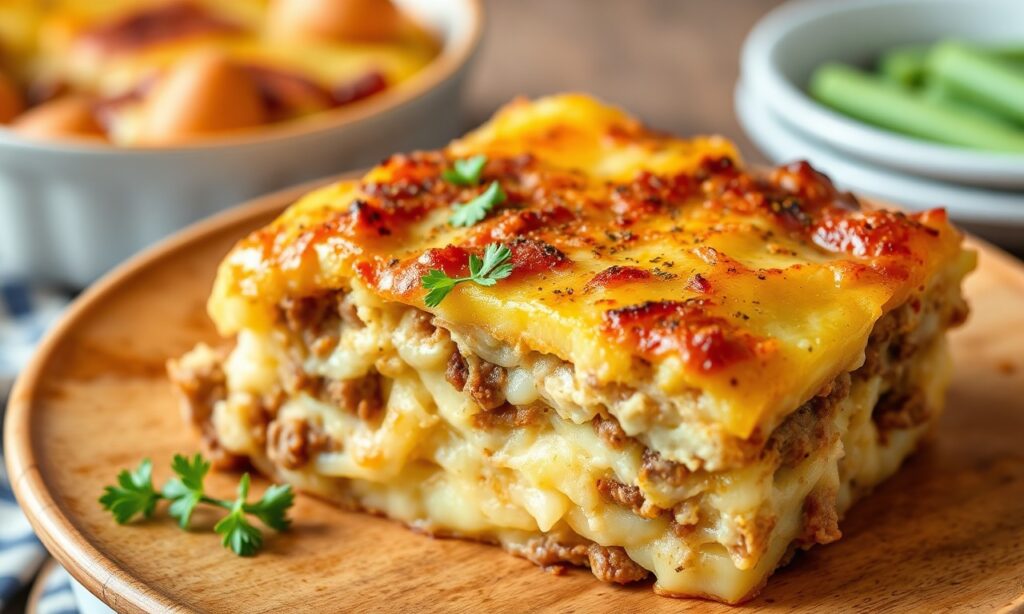 Delicious hearty potato and ground beef casserole, comfort food perfection.