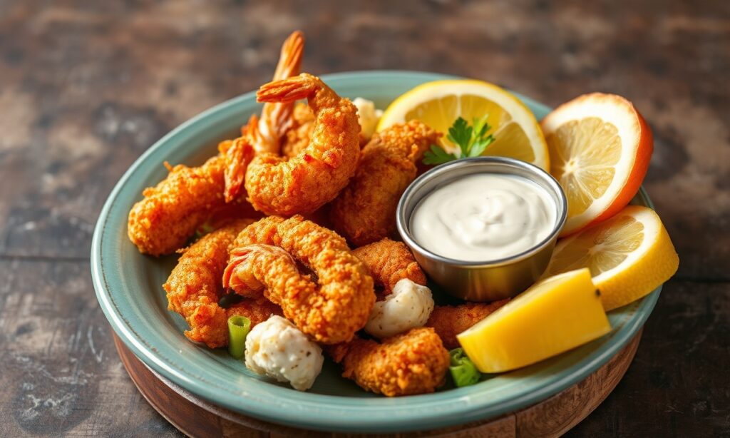 Delicious crispy seafood platter with spicy aioli, perfectly fried.