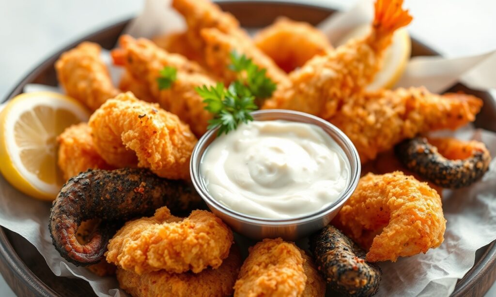 Crispy seafood platter with spicy aioli, a satisfying bite.