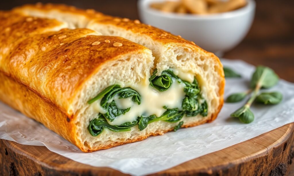 Irresistible savory spinach cheese bread, warm and delicious.