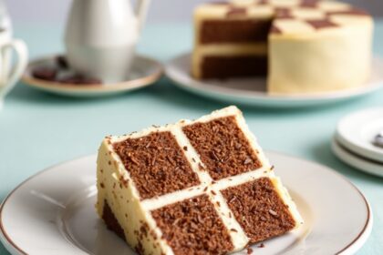 Perfect moist vanilla and chocolate checkerboard cake, delicious and moist.