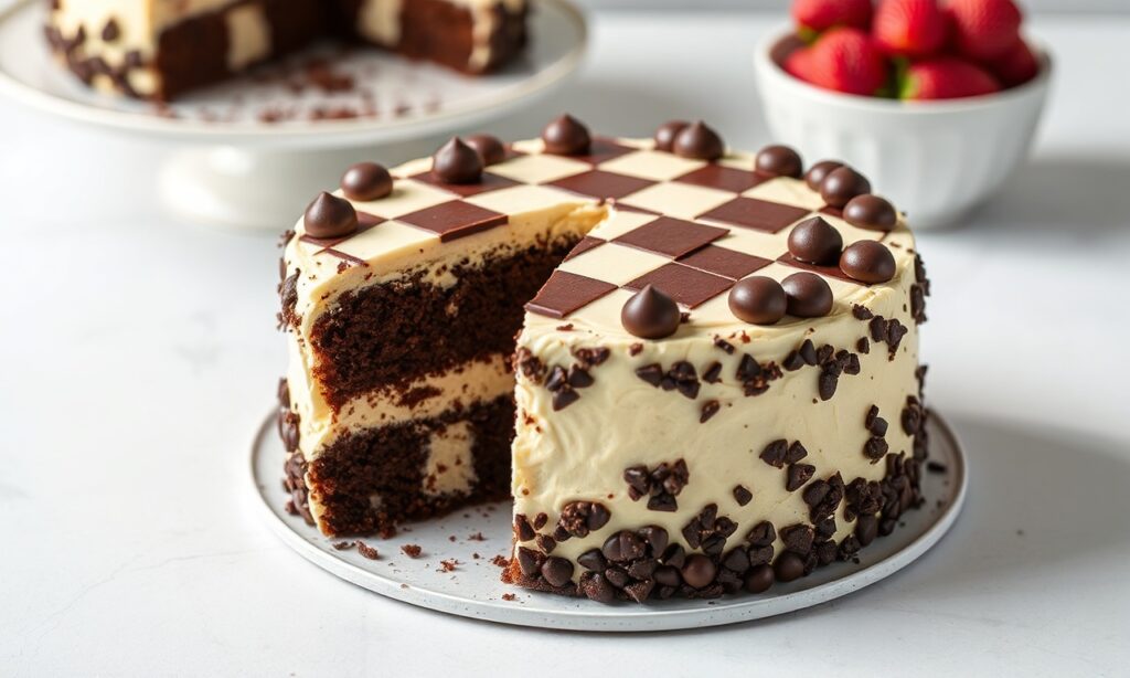 Perfect moist vanilla chocolate checkerboard cake, a delightful visual and taste.