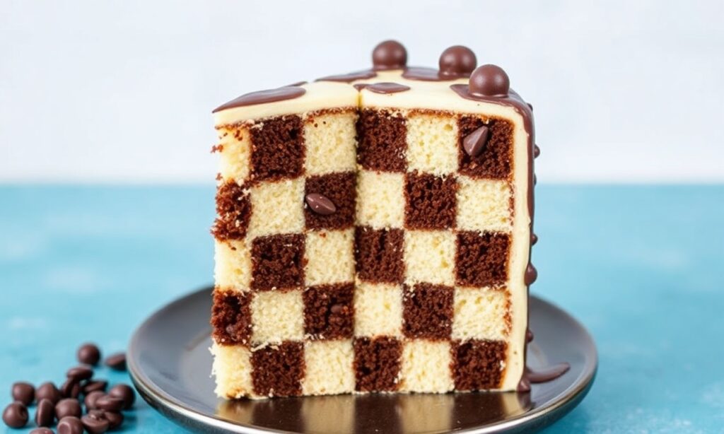 Perfect moist vanilla and chocolate checkerboard cake layers.