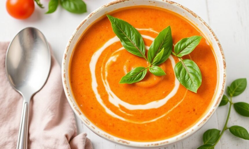 Velvety creamy tomato basil soup, smooth and delicious recipe.