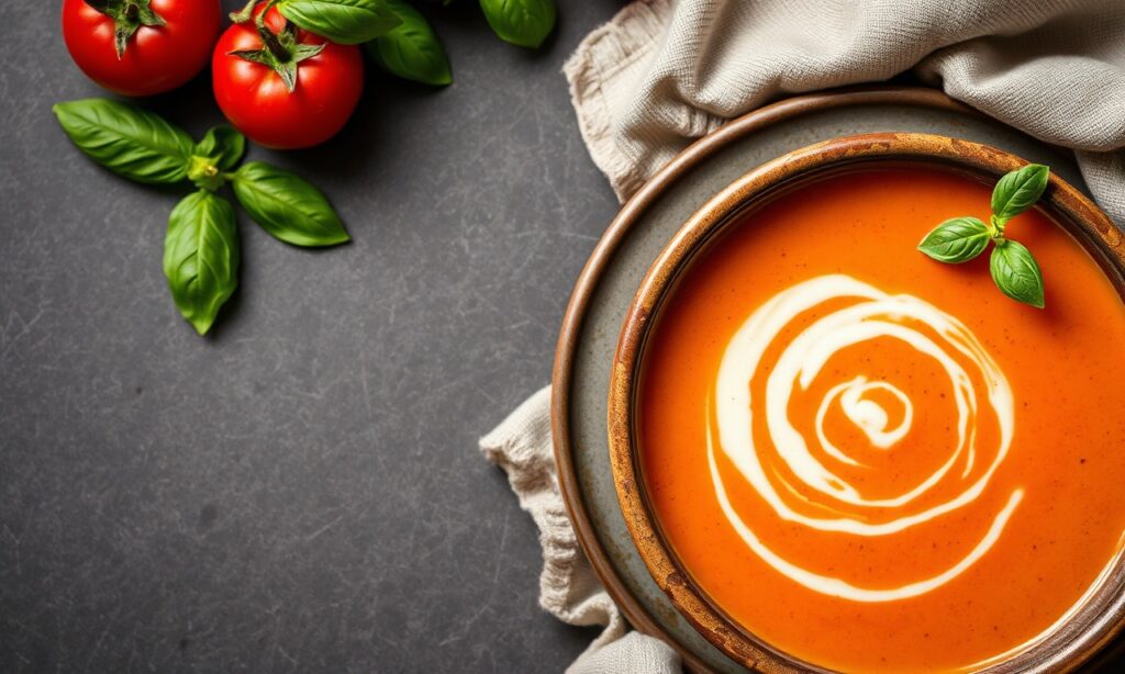 Velvety creamy tomato basil soup: comfort in every spoonful.