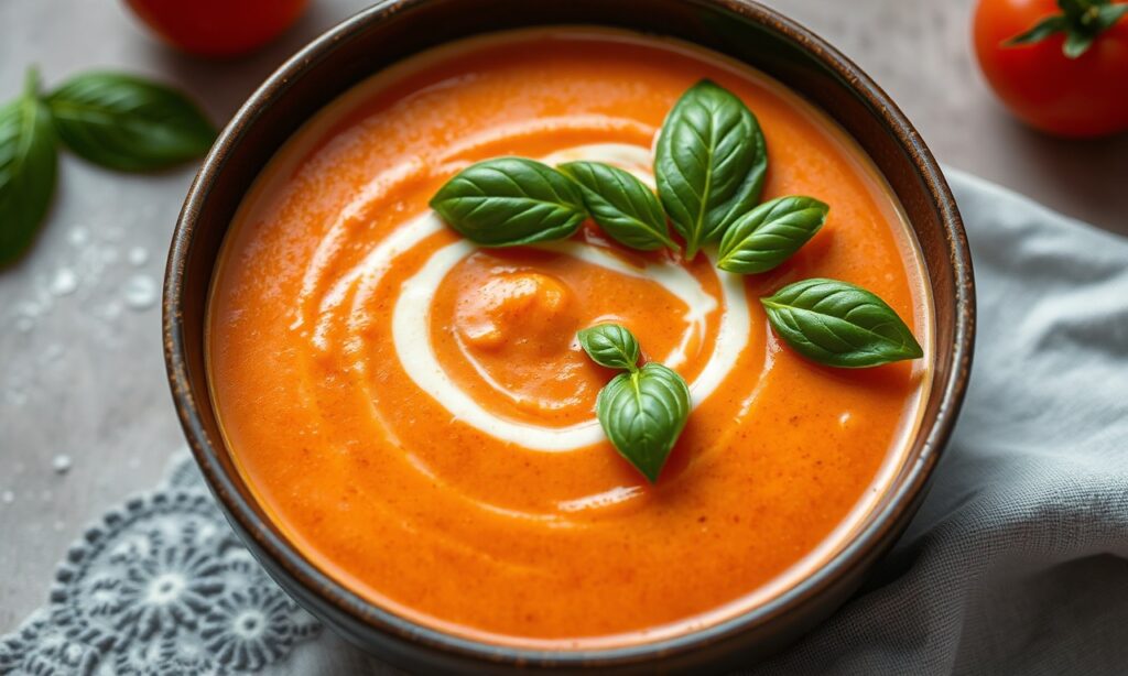 Velvety creamy tomato basil soup, comforting and delicious bowl.