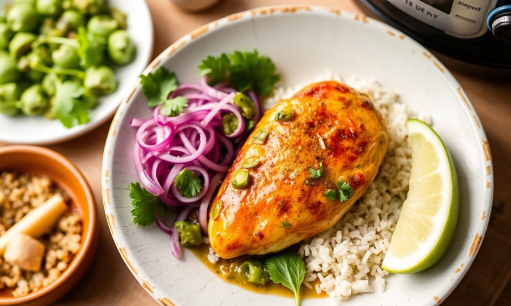 Effortless slow cooker salsa verde chicken recipe. Savory, satisfying.