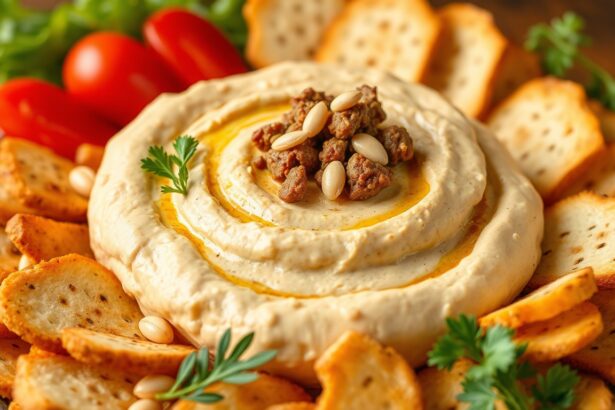 Savory layered hummus dip with spiced beef and pine nuts.