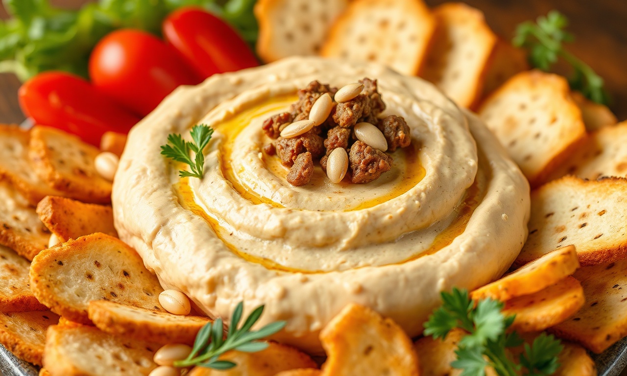 Savory layered hummus dip with spiced beef and pine nuts.