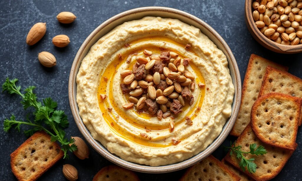 Savory Layered Hummus Dip with spiced beef and pine nuts.