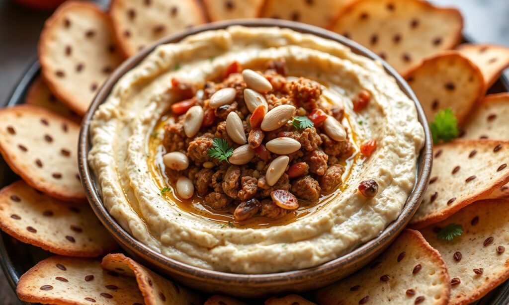Savory layered hummus dip with spiced beef and pine nuts.
