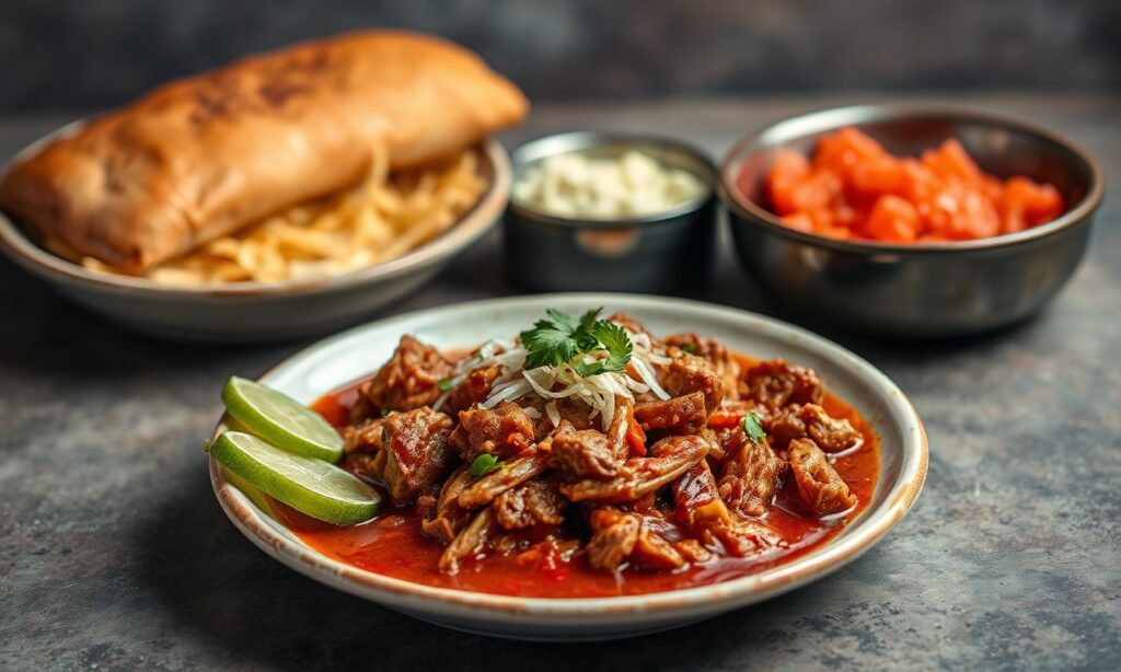 Savor authentic Ropa Vieja: shredded beef in rich tomato sauce.