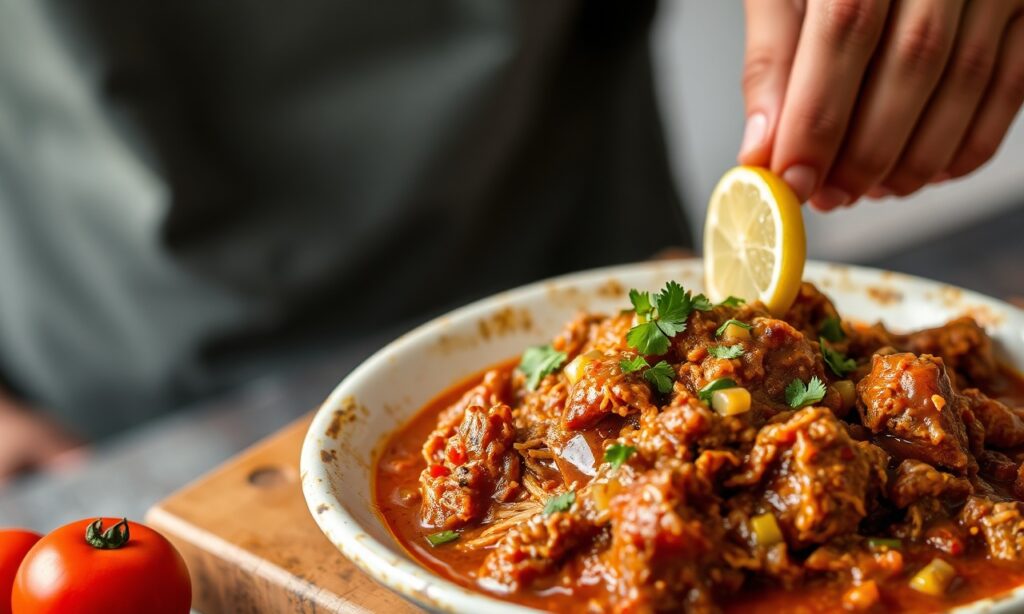 Savor Authentic Cuban Ropa Vieja: tender shredded beef, vibrant tomato sauce.