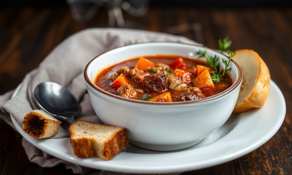 Savor bold beef and paprika stew, a comforting bowl.