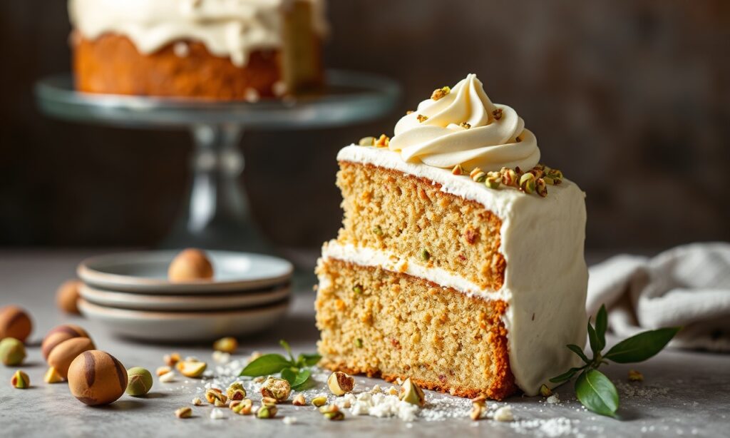 Decadent pistachio cake with silky cream cheese frosting, a delightful treat.